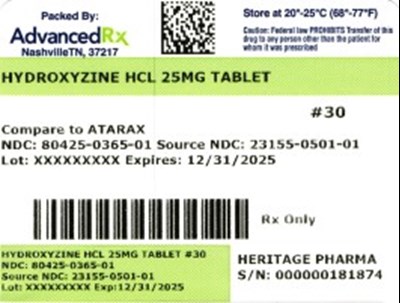 Label 1 (Hydroxyzine HCl 25mg 80425 0365 01)